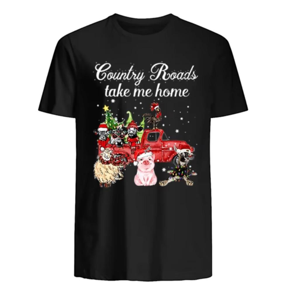 Country Roads Christmas Cows Sheep Chicken Pig Donkey Farm Xmas Gift T-Shirt 100% Cotton O-Neck Short Sleeve Casual Mens T-shirt