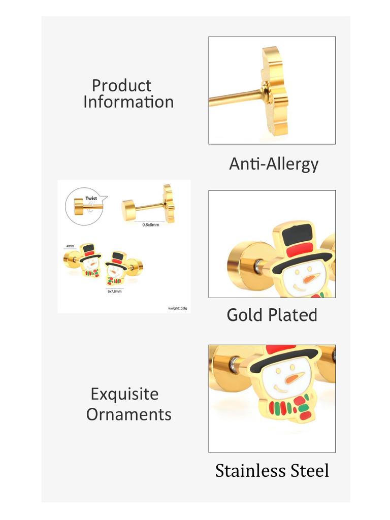 European & American Christmas Snowman Stud Earrings - Cute Pattern, Stainless Steel Screw-Back, Cross-Border Exclusive