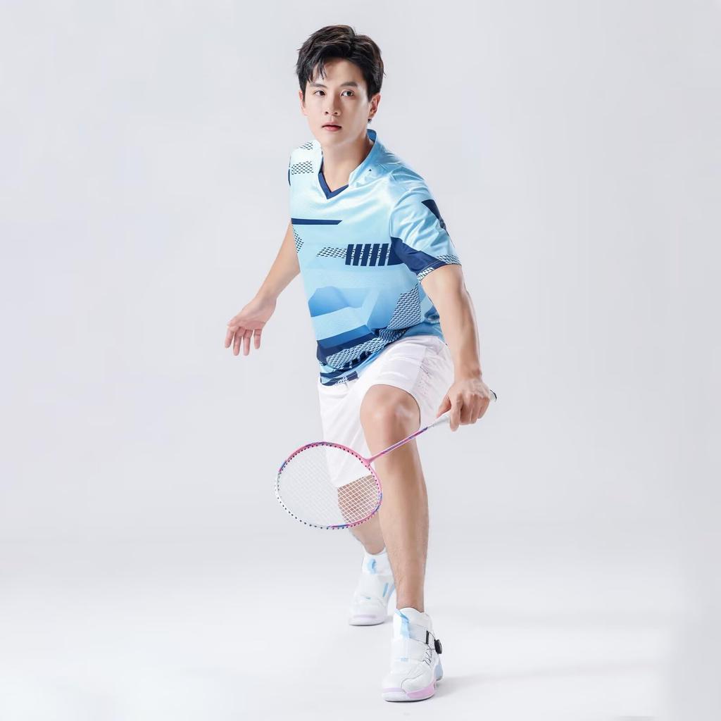 Anmurye Table Tennis Short Sleeve Sports Game Shirt with Abstract Geometric Badminton Strength Practice Stylish Summer Light Blue Size L Men's