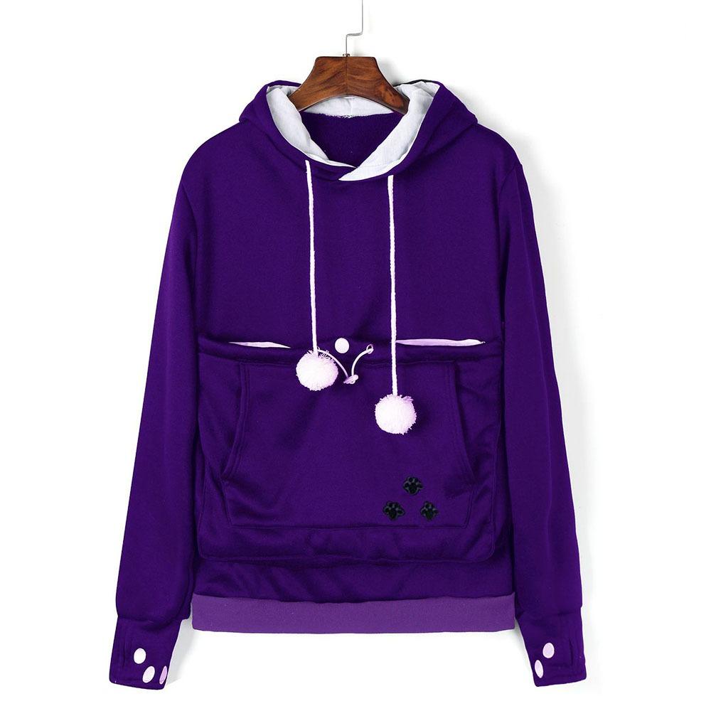 Women'S Autumn Winter Fleece Hoodie Korean Chic Streetwear Large Pocket Pet Holder Sweatshirt Warm Solid