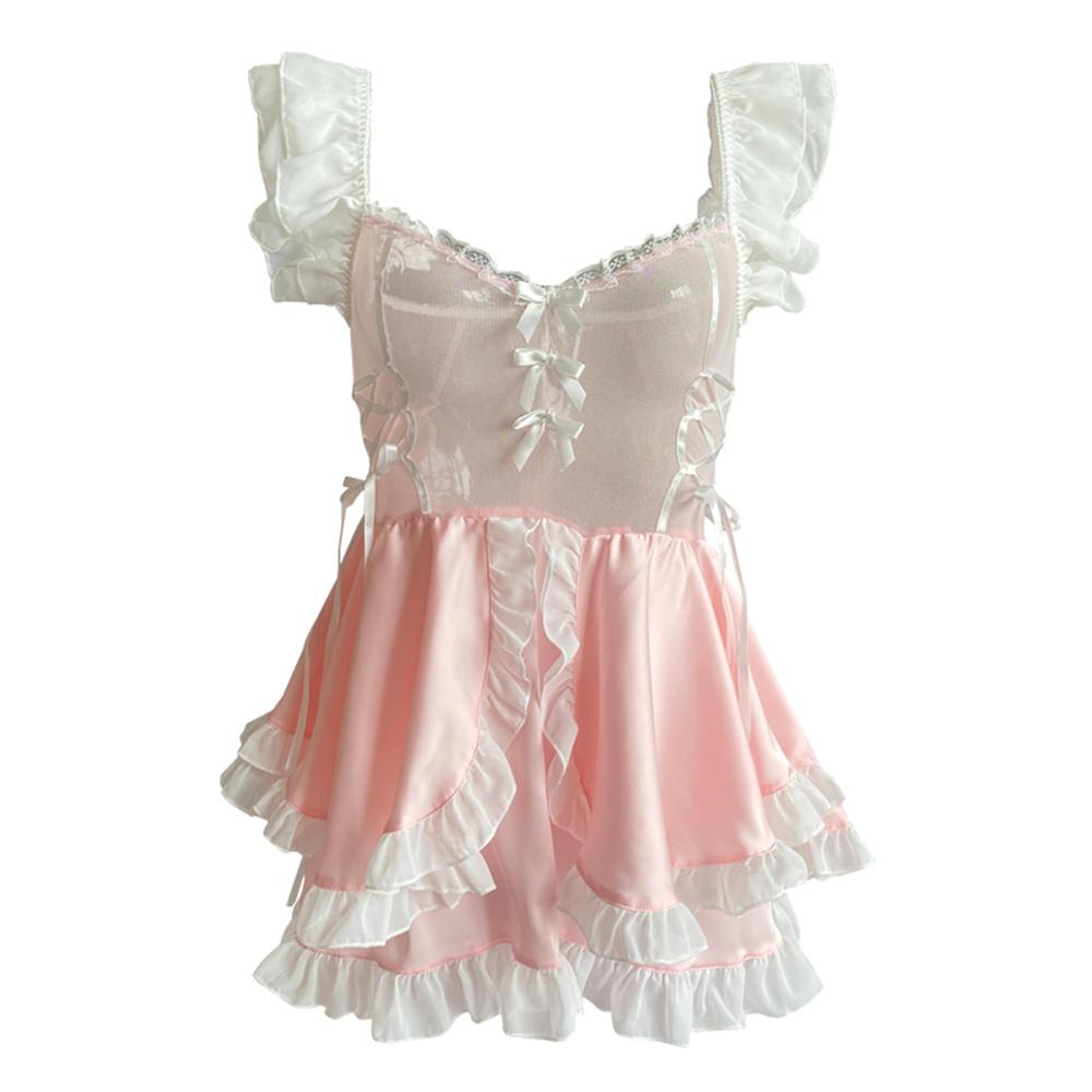 2023 New Sexy Pink Maid Servant Uniform Temptation See-Through Lolita Cosplay Costumes Cute Flounce One-Piece Skirt Lingerie Set