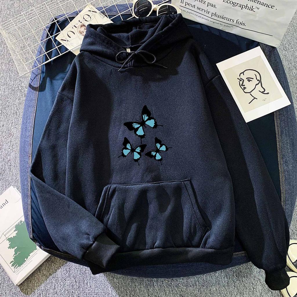 Autumn and Winter Black and Blue Butterfly Print Hoodie Sweatshirt for Men and Women Couples Korean Style Trendy Tops