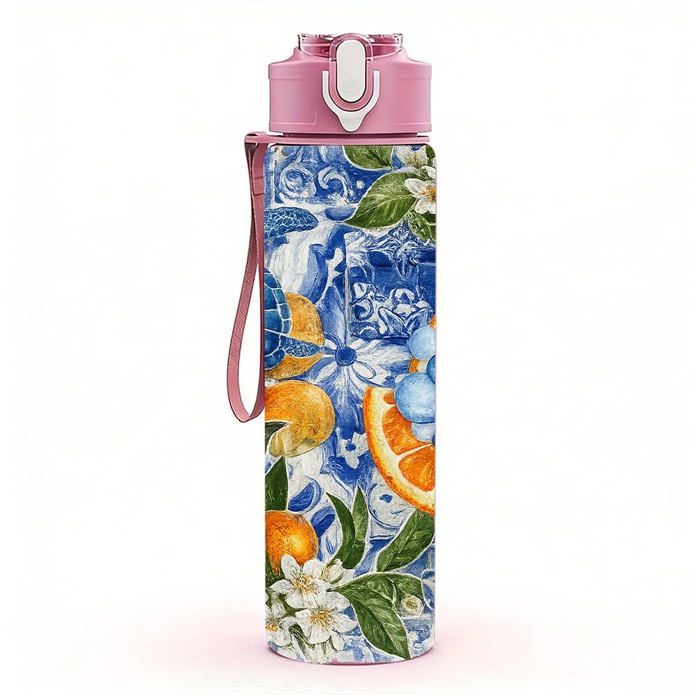1PC Citrus Fruit Blue Floral Art Print 750ml Color Plastic Sports Water Bottle Leakproof Flip Straw Lid Suitable for Sports Office Home Use