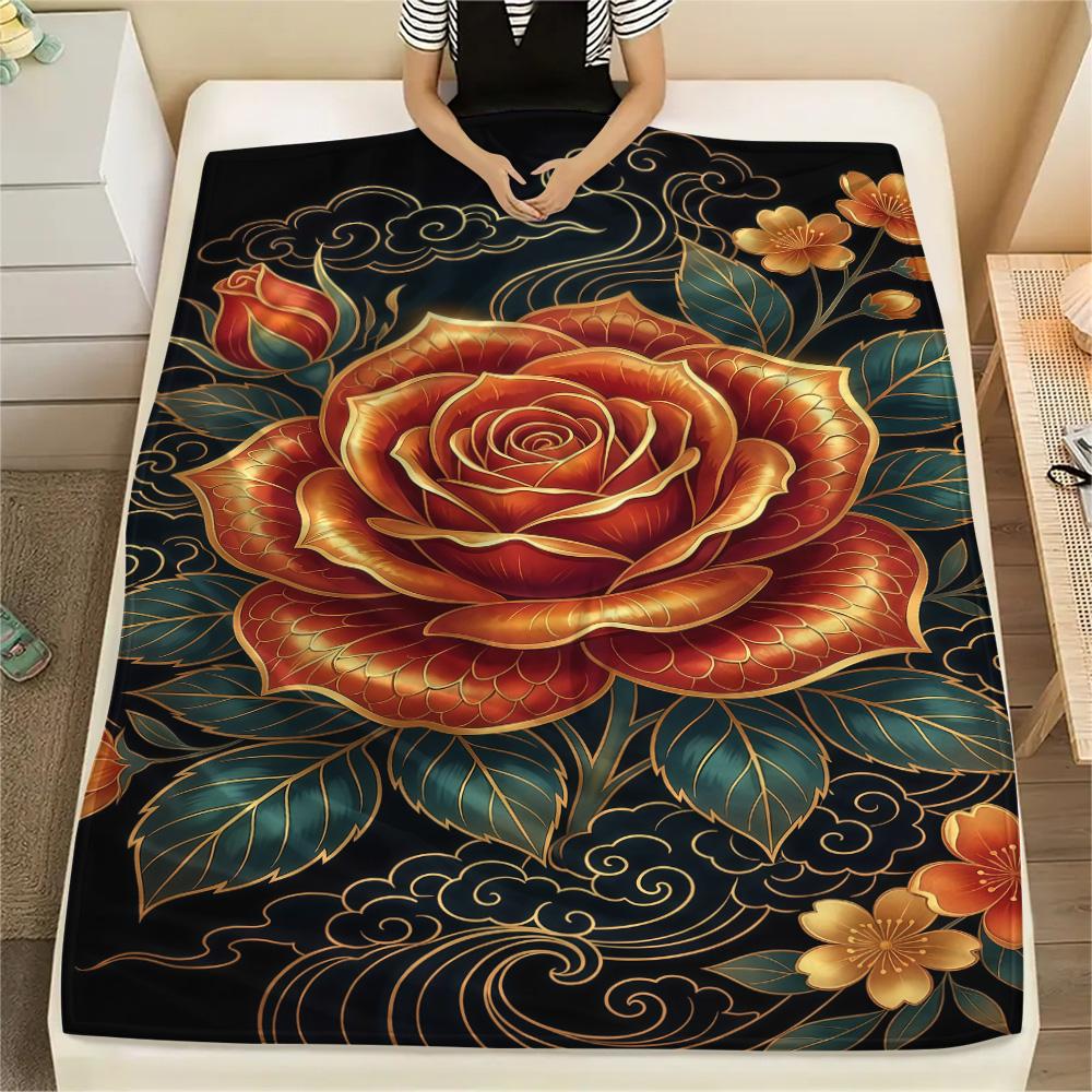 1PC Sleeping Rose  Print FlAannel Blanket, High quality Comfortable for All Seasons, Home Decor, Warmth and Comfort