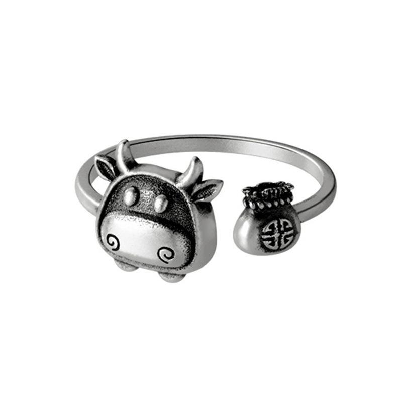Fortune Twelve Zodiac Ox Ring Hollow Coin Zodiac Year of the Ox Small Fortune Ox Money Bag Ring for Women
