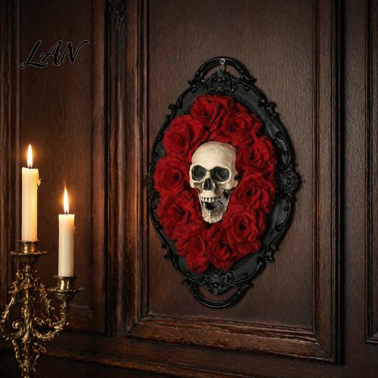 Creepy Skull Wall Art Halloween Gothic Decoration, Vintage Red Rose Frame Sculpture, Ornament Horror Spider Web for Holiday Party