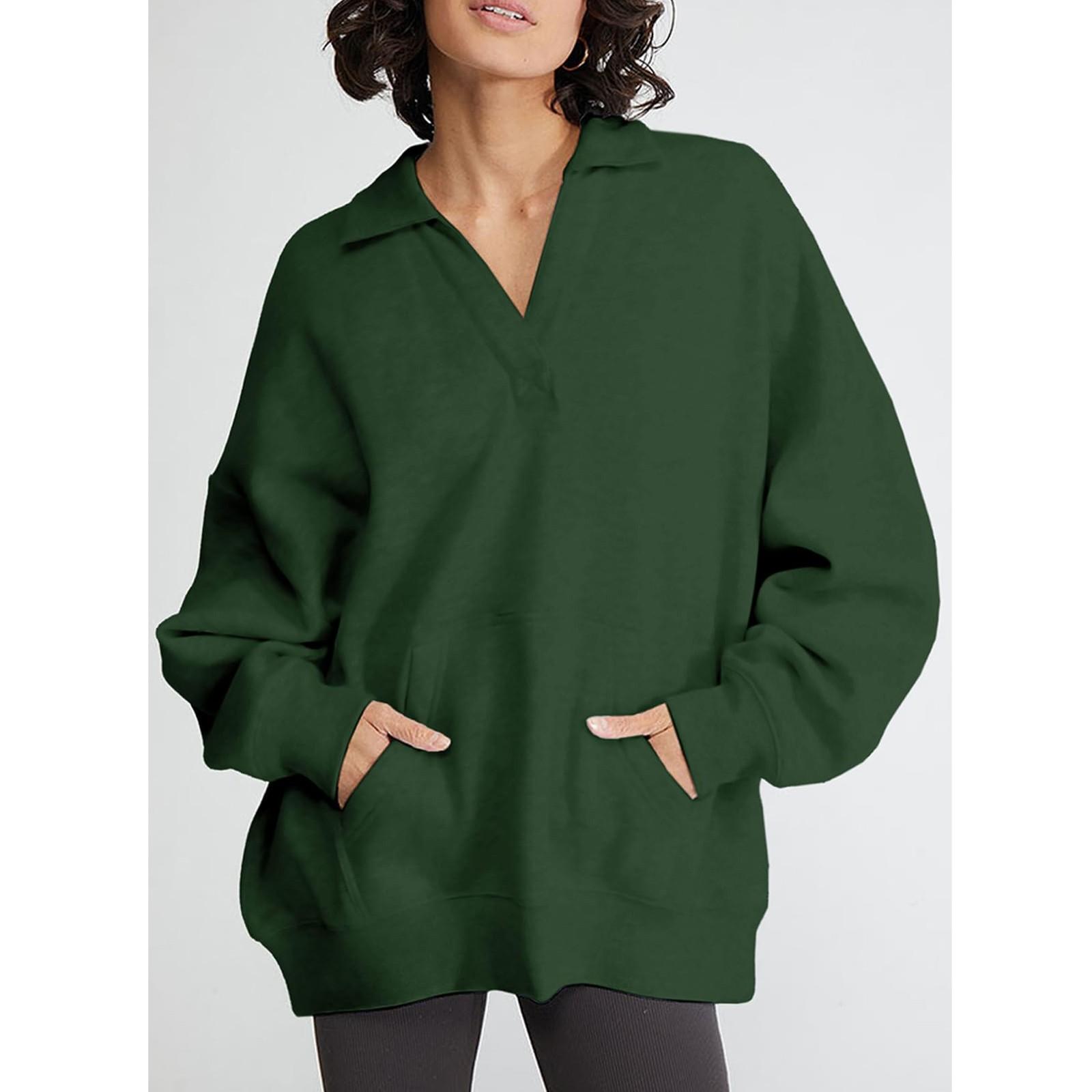 

Свитшот для женщин с длинным рукавом, свободный V-образный вырез, флисовые топы для тренировок, легкий пуловер S зелёный