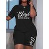 Plus size women's two-piece casual short-sleeved shorts set, BLESSED BEYOND MEASURE letter print