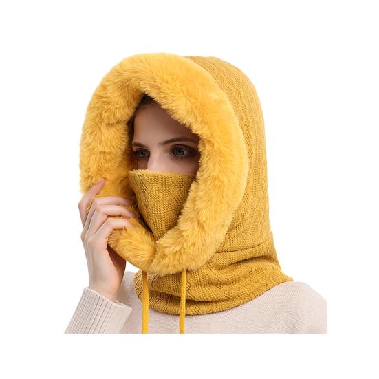 Fleecegefütterte Strickmütze Einfarbig Plüschbesatz Verstellbarer Kordelzug 3-in-1 Mütze Gesichtsschutz Schal-Set Winddicht Ski Snowboard Kaltwetterausrüstung