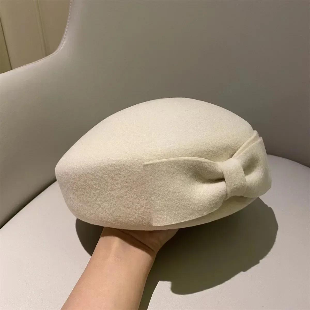 

Women s Wool Beret Hat with Bow | Winter Fascinator for Weddings & Church One Size