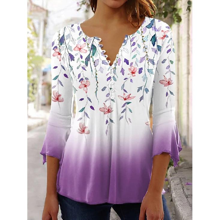 Women'S V-Neck Button-Down T-Shirt Summer Fashion Clothing Printed Top Popular Seven-Quarter Sleeve Clothing Y2k Women'S T-Shirt