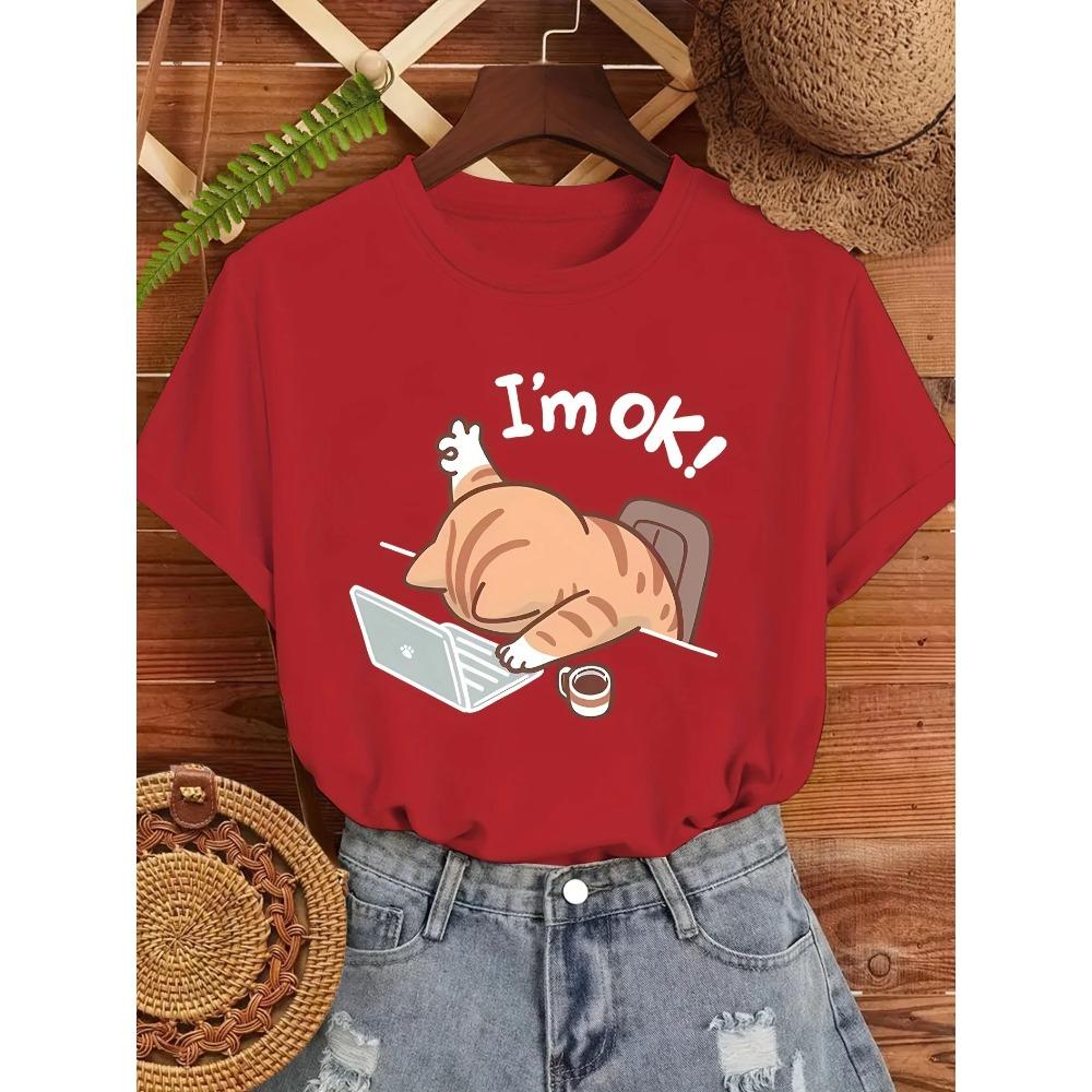 T-shirt Mignon pour Femme avec Graphique Chat "Ça va" Décontracté Col Rond Manches Courtes Élégant Design Chat Endormi Dessin Animé