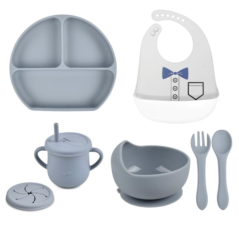 7pcs/set Baby Silicone Tableware Cartoon Printed Bibs Sucker Bowl Plate Cup Spoon Fork Sets Non-slip Children's Dishes BPA Free