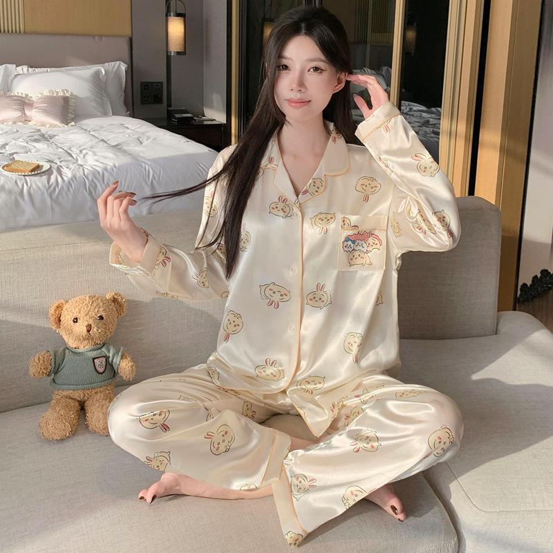 Ice Silk Pajamas Women'S Spring And Summer Thin Long-Sleeved Trousers Fashion Cool Cardigan Loungewear Suit Can Be Worn Outside