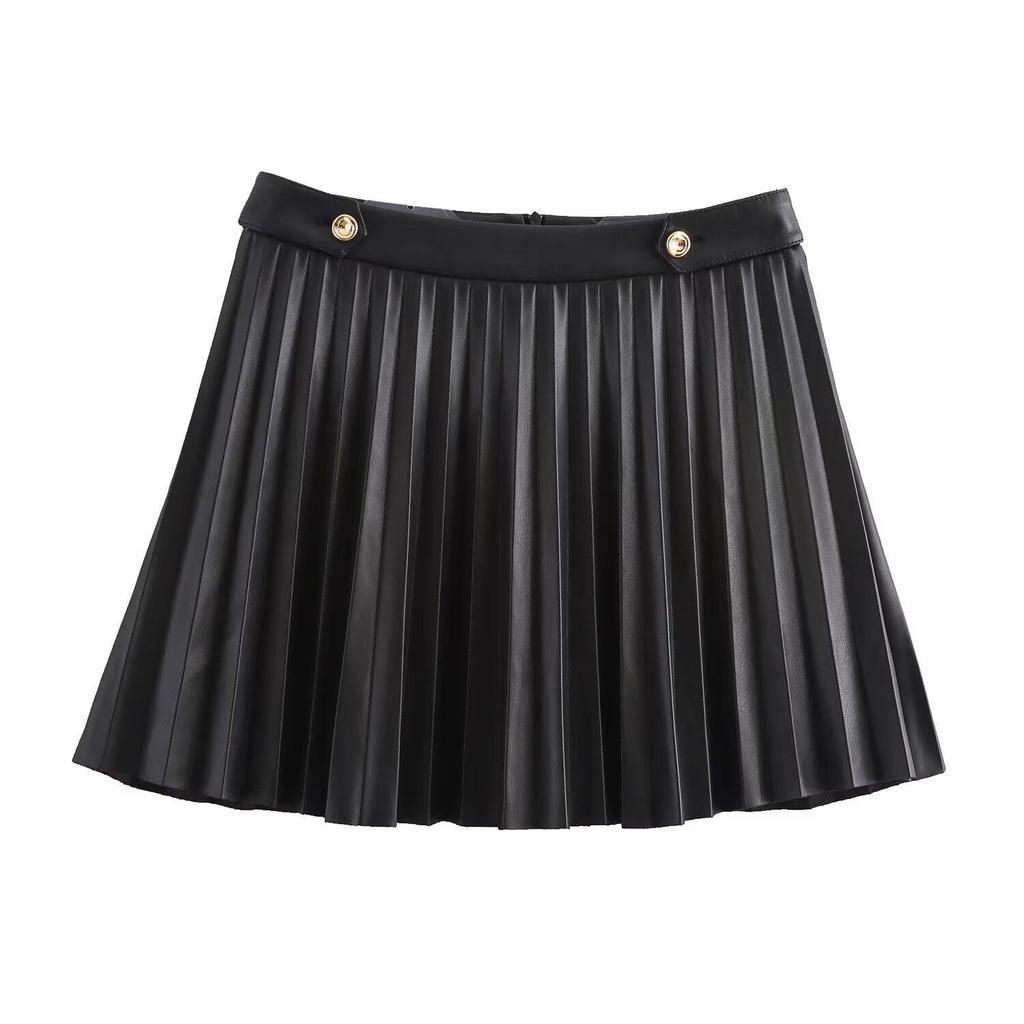 2024 European & American Style A-Line Black PU Pleated Skirt for Women - Perfect for Autumn/Winter