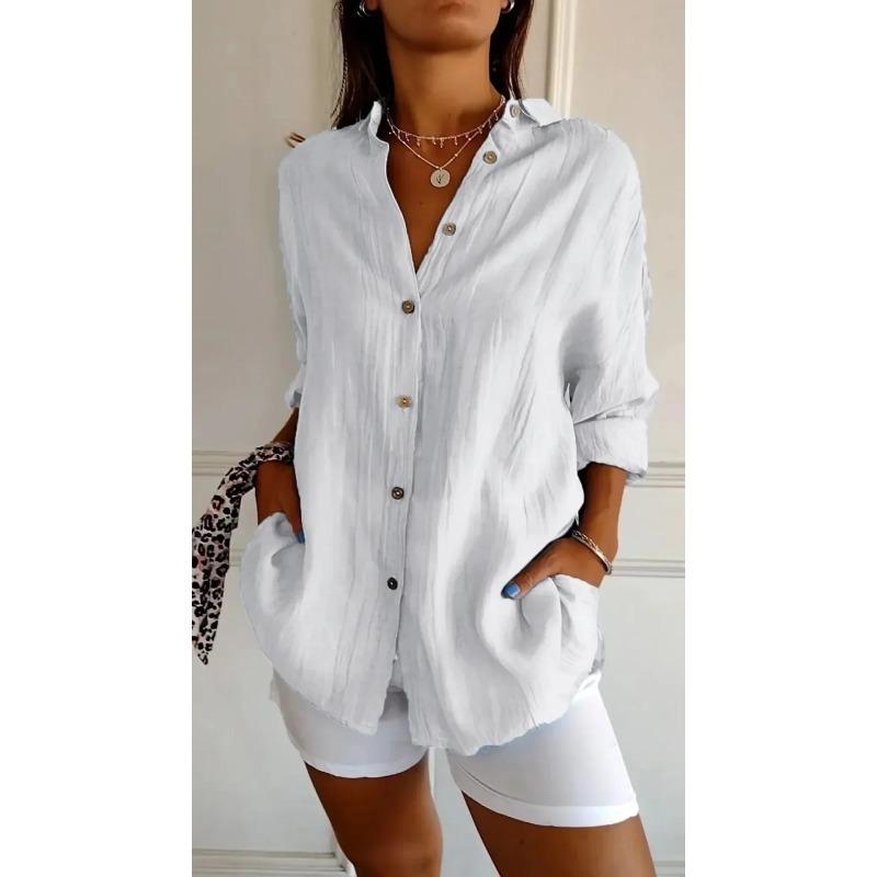 Camisa Casual de Verão com Decote em V e Botões Moda Feminina Solta Sólida com Lapela Camisa de Escritório Feminina Top Retrô