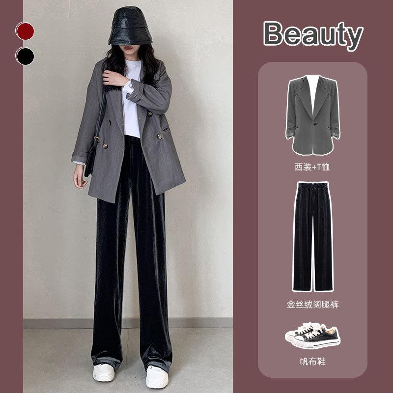 Golden velvet wide-leg pants women's new spring and autumn high waist drape straight casual high-end black sweatpants