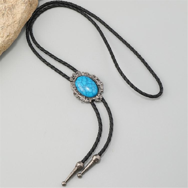 Elegant Crack Turquoises Accented Bolo Tie With Leather Cord Adjustable Necktie Necklace For Casual Or Formal Outfit