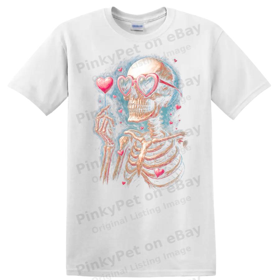 Skeleton Love Hearts Graphic T Shirt Funny Cute Valentine Tee Gift