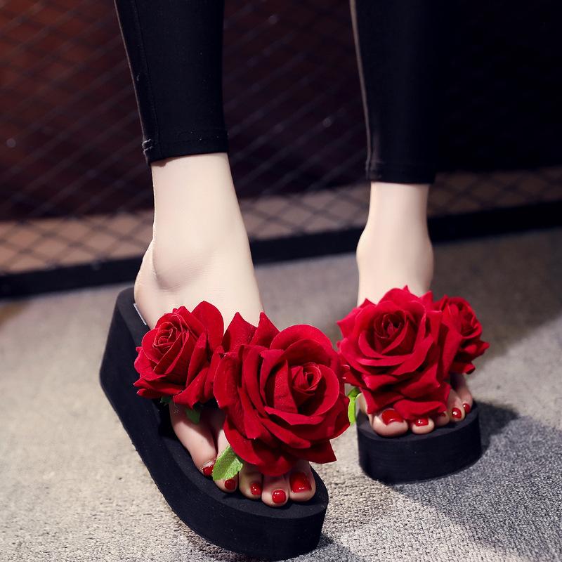 Fashion Platform Sandals 2024 Summer Fashion Women Flip Flops Wedge Beach Slides Flower Pearl Ladies Outside Thick Sole Bohemian Sandals