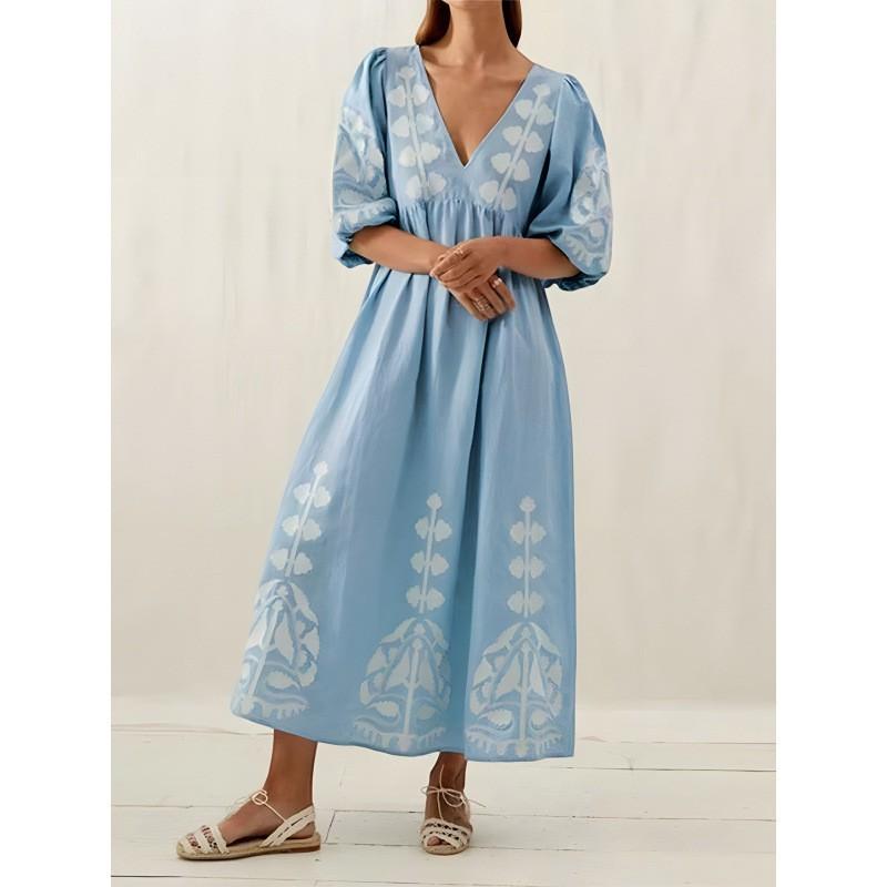 

European American Printed Satin Bubble Sleeves Loose V-neck Mid-length Dress XXL