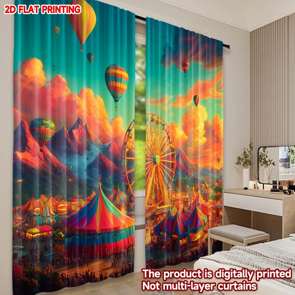 2D Flat Printing 2pcs Curtain Curtains Carnival Ferris Wheel Scene(1) Digital Printed Polyester Drapes Festive Holiday for