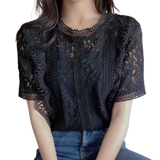 

O-neck Short Sleeve Loose Summer Blouse Casual Lace Hollow Out Elegant Shirt Workwear L чорний