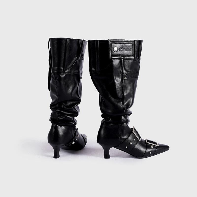 Cowhide version irregular heavy industry polished trouser tube boots women's long boots stacking boots wide tube thin pocket knight boots