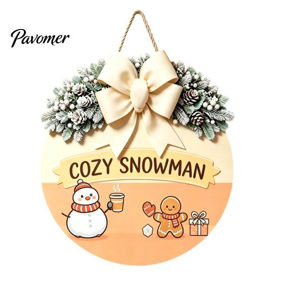 Indoor Outdoor Porch Ornament Christmas Wooden Welcome Sign for Front Door, Round Hanging with Handmade Craft Artificial Pine Branches & Bow