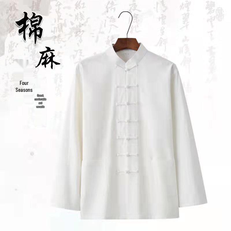 Men’s Chinese Cotton Linen Tang Suit Long Sleeve Frog Button Kung Fu Shirt - Hanfu Zen Meditation Top for Middle-Aged & Elderly (Spring)