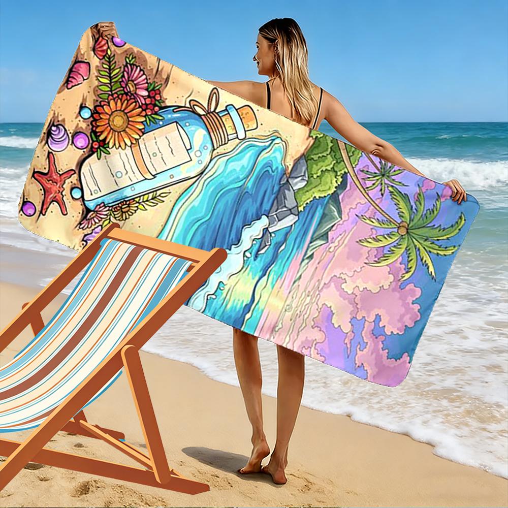 Message Bottle on Tropical Beach Scene Beach towel quick-drying for travel outdoor sports jogging beach and swimming