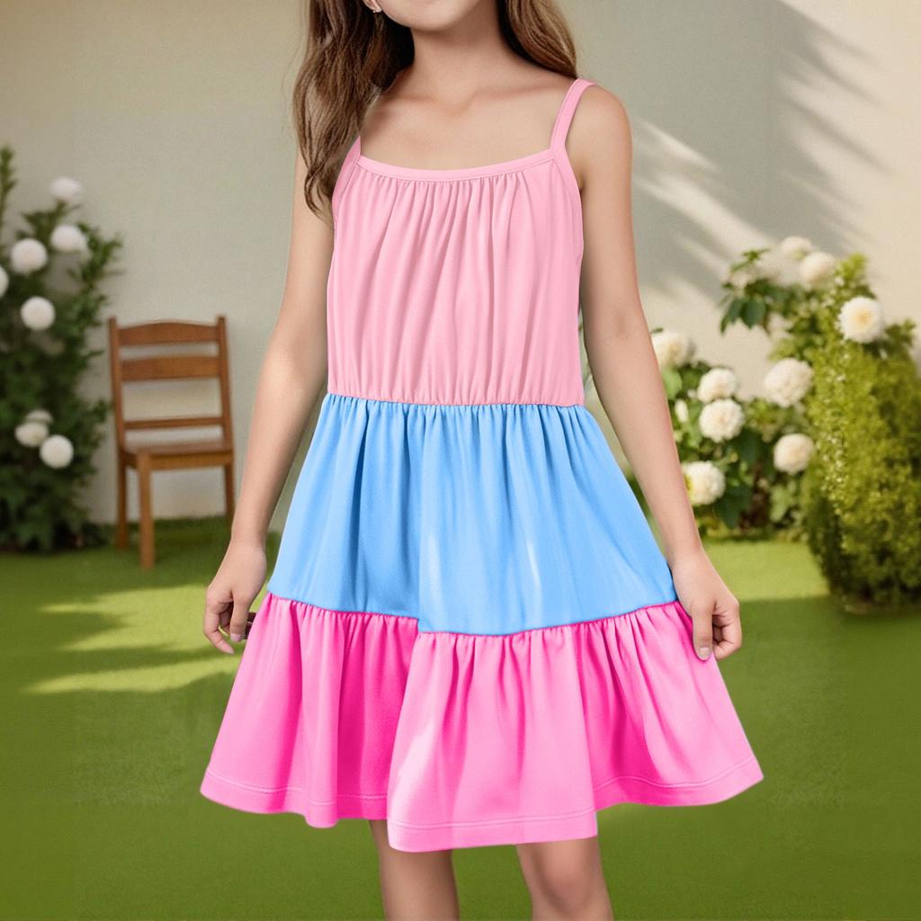 Rochie de vară casual pentru copii, cu gât rotund, culoare uni, fără mâneci