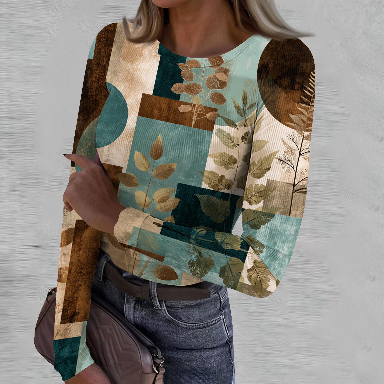 Women s Casual Fashion Round Neck Retro Print Long Sleeve Ribbed Top M