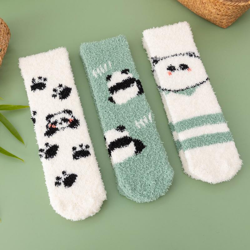 Autumn Winter Thickened and Warm Socks for Women in Cute Cartoon Panda Design Non Shedding Coral Velvet Socks for Home Use and Postpartum Care