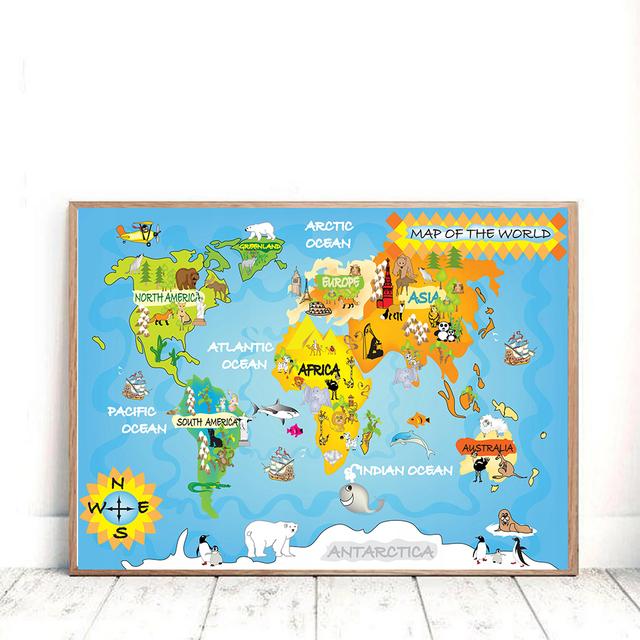 Mappa del mondo dei cartoni animati Pittura su tela Decorazioni per la camera dei bambini Poster e stampe Decorazioni per l'aula Immagini di arte della parete Decorazioni per la casa