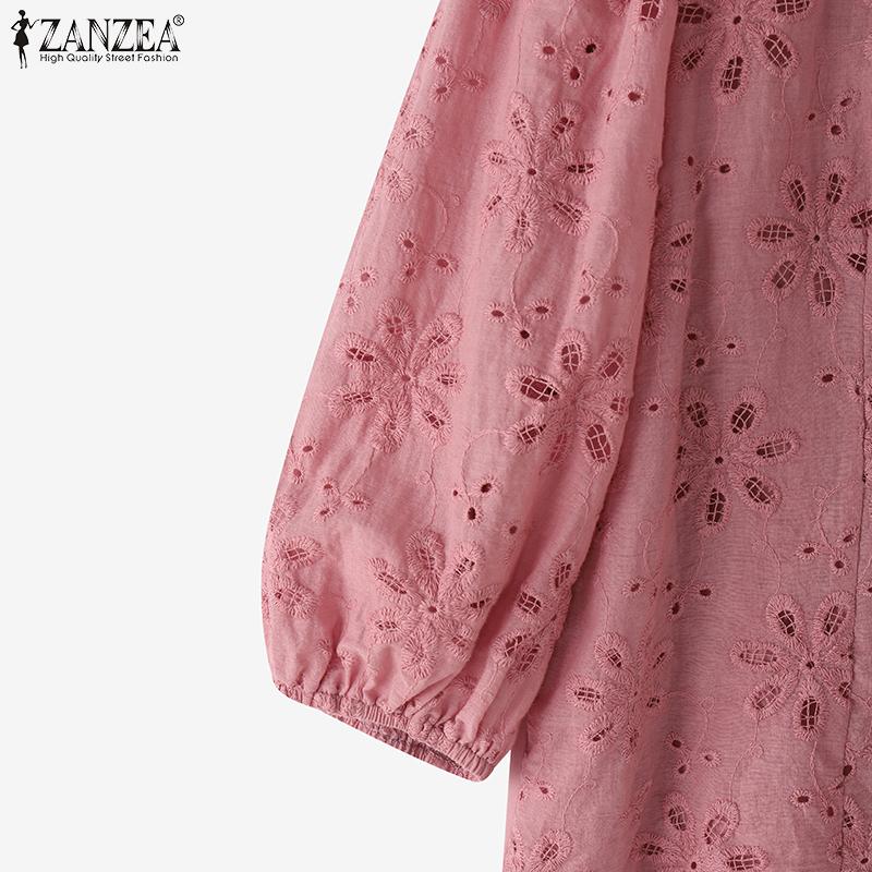 ZANZEA Womens Summer Casual 3/4 Sleeve Hollow Patchwork Embroidery Crochet Blouse