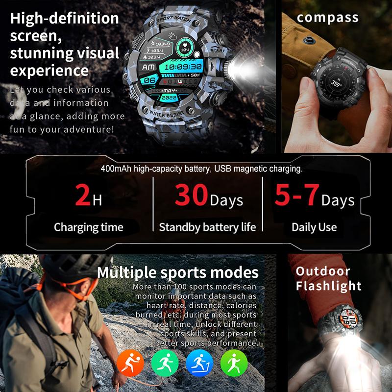 New Military Sports Smart Watch Men 100+ Sports Outdoor Fitness Compass Heart rate BT Call Waterproof Smartwatch For iOS Android