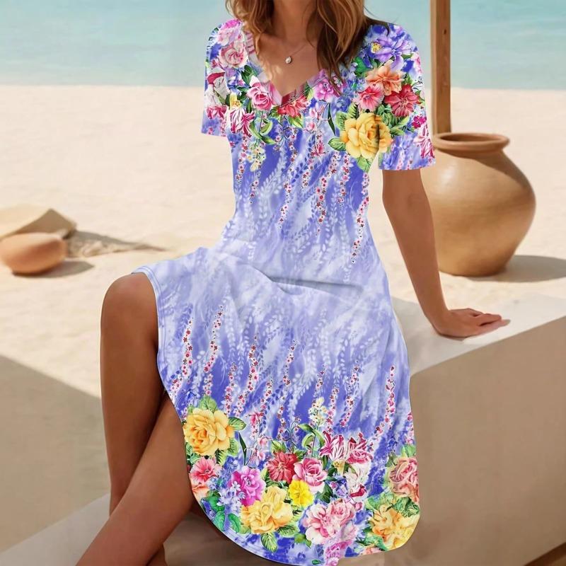 Women's Summer Long Dress V-Neck Short Printed Floral Printed Beach Dress Praty Dress