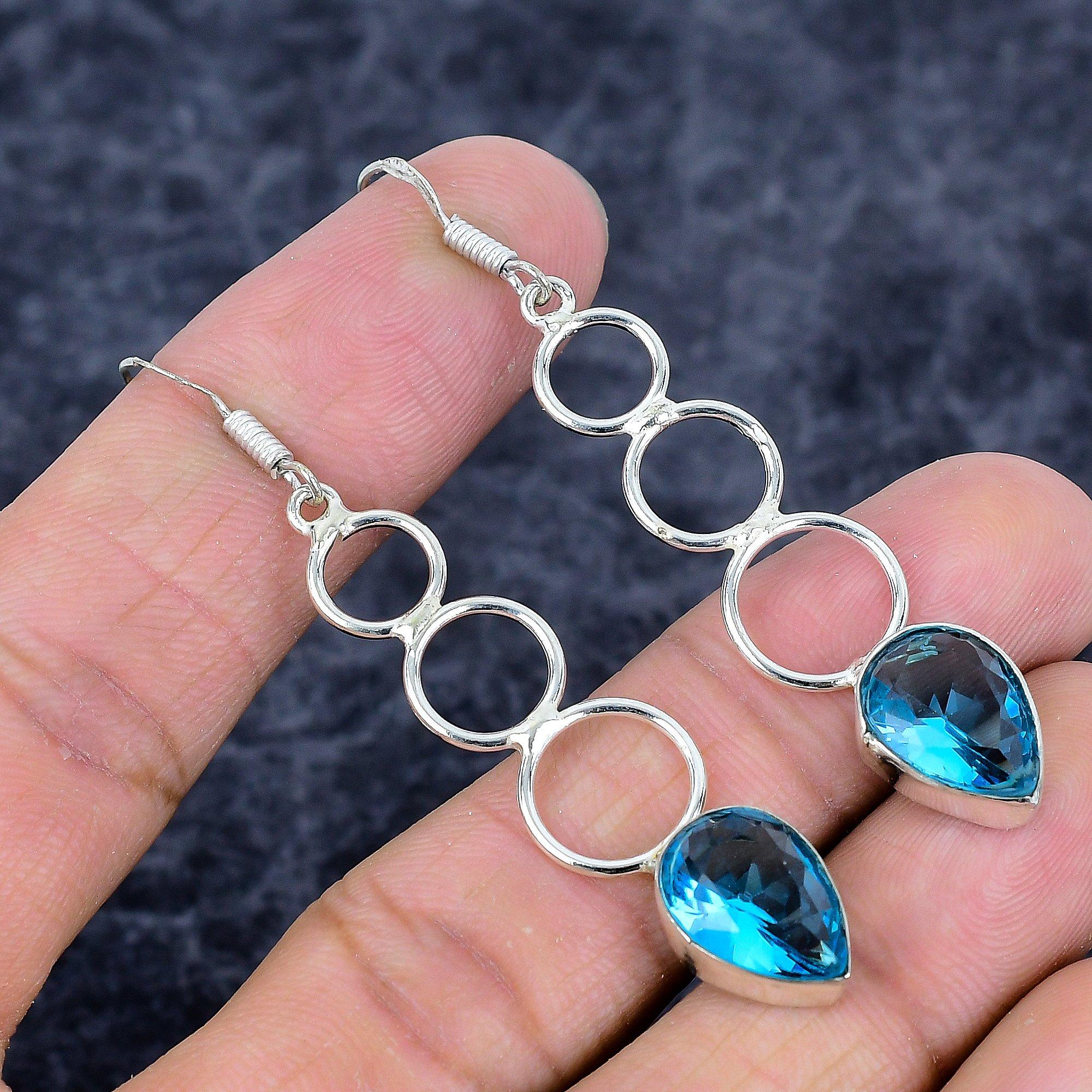 

Блакитний Топаз Дорогоцінний Камінь Ручна Робота Срібло 925 Ювелірна Прикраса Сережка 2.64 M-3311