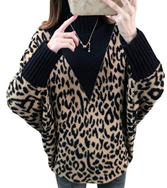 QYY Knit Loose Leopard High Dolman Fashionable Top for and Winter Women's Sweater, Fit, Pullover, Print, Neck, Sleeves, Spring, Autumn, (Black V-Neck)
