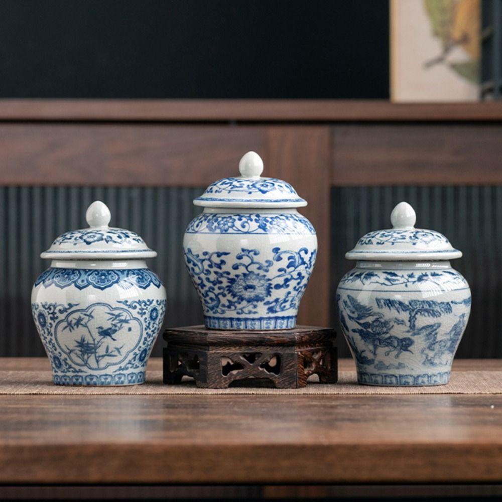 Chinese Style Ceramic Tea Jar with Sealed Lid Food Storage Container  Kitchen Pantry Holder