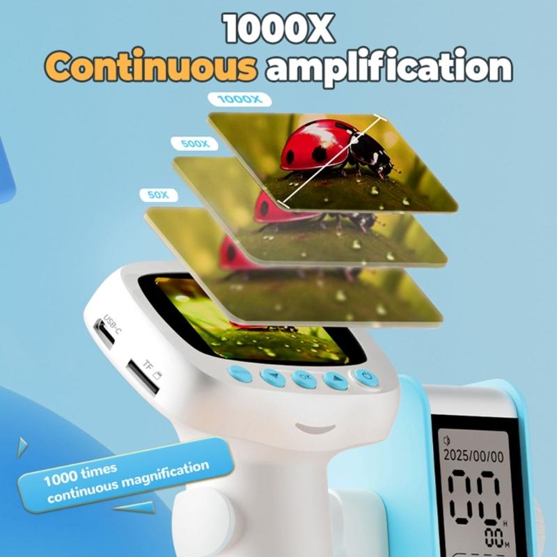 Children Microscope 1000X Magnification 2Inch Color Display Ergonomic Grip Microscope For Backyard Exploration