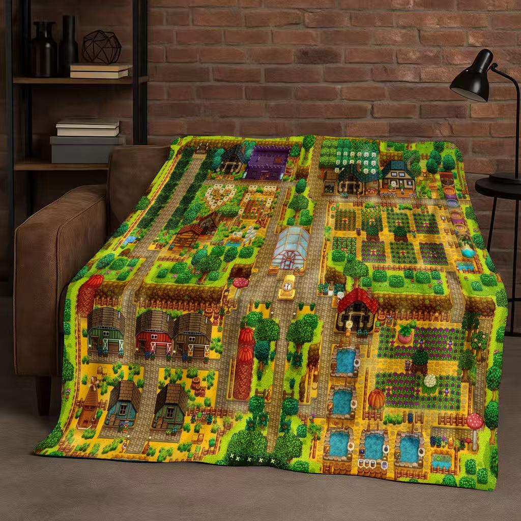 3D Retro Stardew Valley Farm Map Pixel Game Flannel Blanket,Ultra Soft Warm Plush Throw for Home Bedroom Bed Sofa Cover Kid Gift