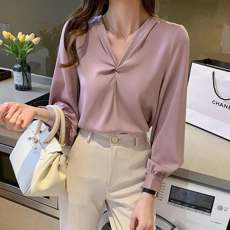 Fashion Chiffon Blouse Women Elegant Long Sleeve Womens Shirts V Neck Woman Tops Autumn Bottoming Female Clothing 30127