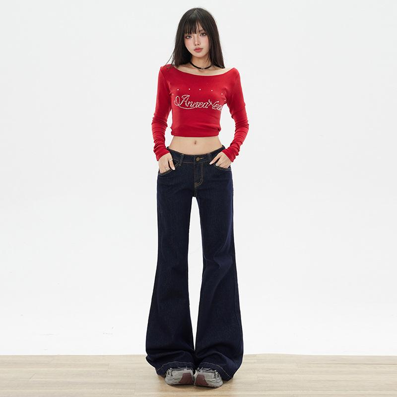 Spice girl low-rise slightly pulled jeans women's autumn and winter new American dark blue loose and thin non-stick leg flared pants