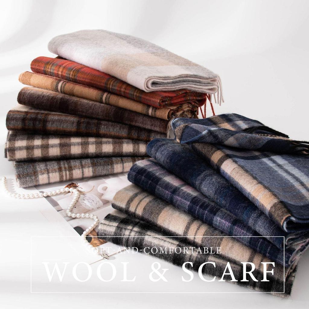 Women's 100% Wool Plaid Scarf - Korean Style, Autumn/Winter 2025, Long Tassel Shawl, Cold-Proof and Warm