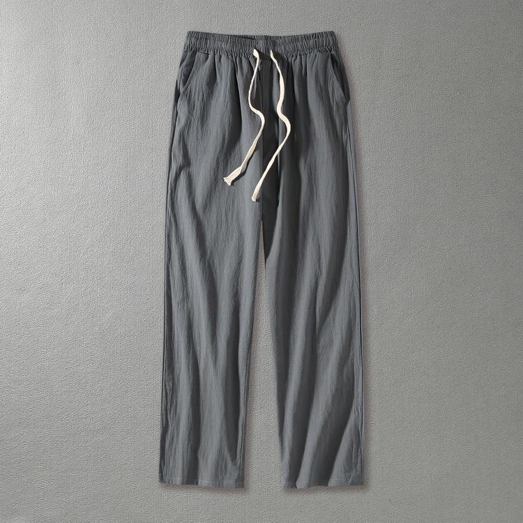 Men's Loose Fit Linen Trousers - Straight Leg, Drawstring, Harem Style, Cotton Blend, Chinese Influence.