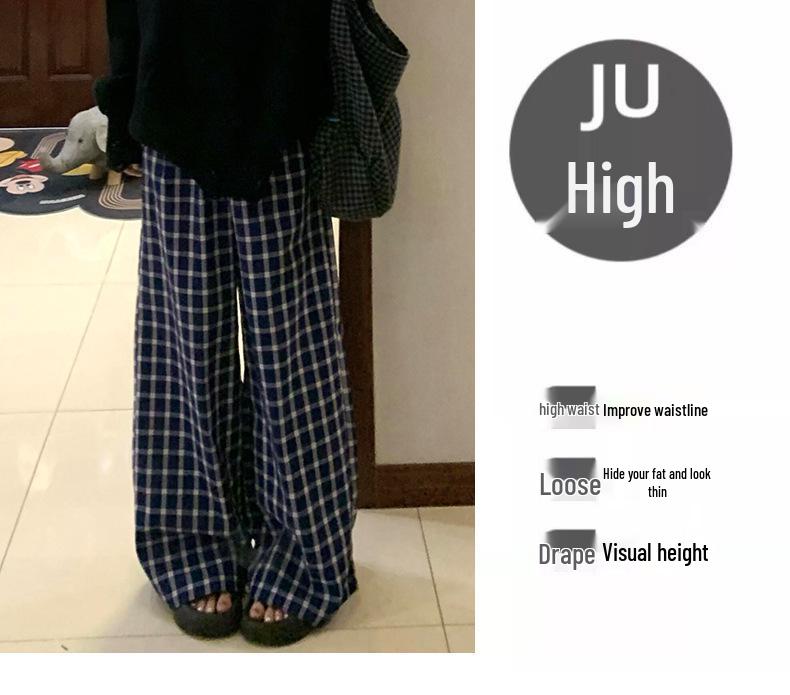 Plus Size Retro Blue Plaid High Waist Wide Leg Pants for Women - Autumn Winter Casual Loose Fit.