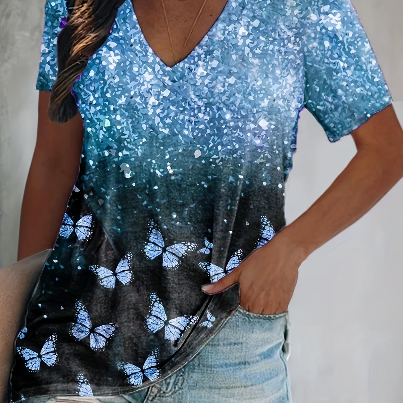 

Футболка большого размера для женщин, повседневная, с цветным 3D-принтом «Бабочка» и коротким рукавом, с V-образным вырезом — мягкие эластичные летние футболки 3XL