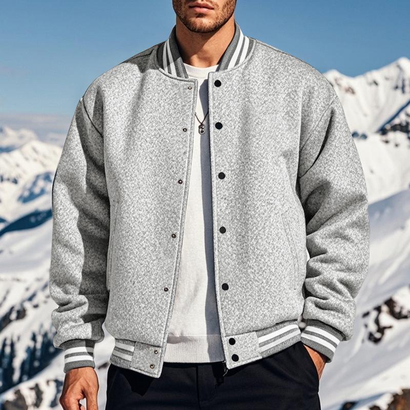 Herren Baseballjacke Herbst und Winter Fleece Amerikanische Einfarbig Locker Lässig Stehkragen Einreiher Fliegerjacke